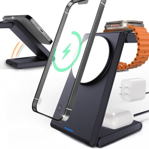 Foldable 3 in 1 Charging Station for Multiple Devices, Travel Wireless Charger for MagSafe Charger Stand, Magnetic Charging Stand for iPhone 15/14/13/12 for Apple Watch AirPods in Kuwait