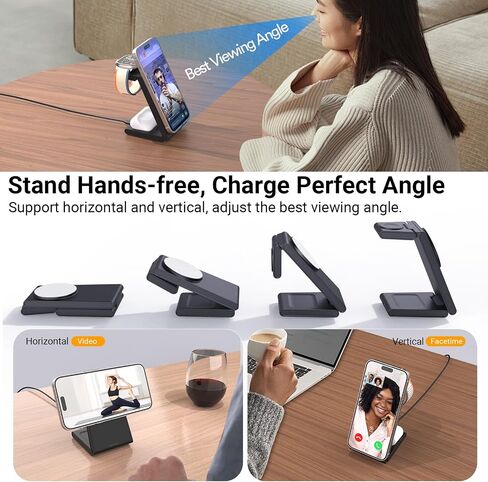 Foldable 3 in 1 Charging Station for Multiple Devices, Travel Wireless Charger for MagSafe Charger Stand, Magnetic Charging Stand for iPhone 15/14/13/12 for Apple Watch AirPods in Kuwait