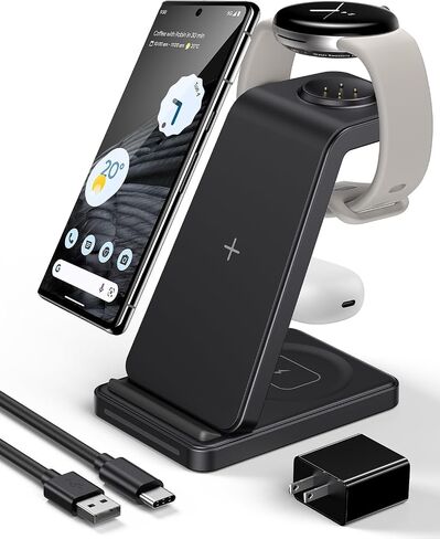 Facbiny 3 in 1 Wireless Charging Station for Google Pixel 8 Pro / 8/7 Pro/ 7/6 Pro/ 6/5,[Only for Pixel Watch 2],Pixel Buds,Charger Stand for Google Pixel/iPhone/Airpods/Samsung (Black) in Saudi Arabia