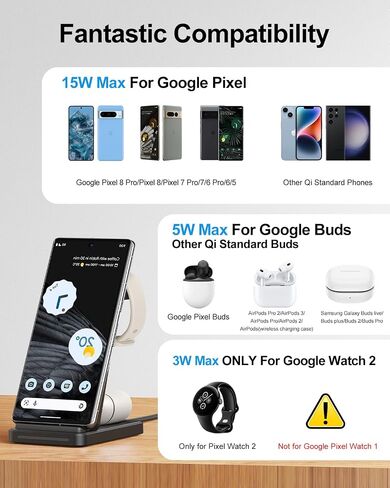 Facbiny 3 in 1 Wireless Charging Station for Google Pixel 8 Pro / 8/7 Pro/ 7/6 Pro/ 6/5,[Only for Pixel Watch 2],Pixel Buds,Charger Stand for Google Pixel/iPhone/Airpods/Samsung (Black) in Saudi Arabia