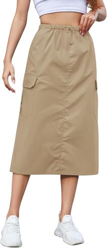 KTILG Midi Cargo Skirt with Multiple Pockets Adjustable Drawstring Back Split Solid Size XS-L in Saudi Arabia
