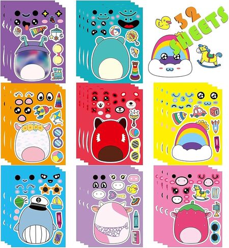 36 ورقة 𝓢𝓺𝓾𝓲𝓼𝓱𝓶𝓪𝓵𝓵𝓸𝔀𝓼 ملصقات كرتونية تصنع وجهًا للأطفال، هدايا حفلات أعياد الميلاد مختلطة ومتطابقة مع 12 تصميمًا لشخصيات خيالية اصنع ملصقاتك الخاصة كهدايا in Kuwait