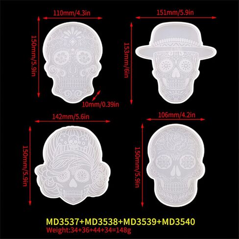 KDO Skull Resin Coaster Molds, Large Skull Shape Silicone Molds for Epoxy Resin, Skeleton Skull Decor Epoxy Resin Mold for Coaster, Home Decor, Outdoor, Resin Casting Art Crafts 4Pack in Kuwait