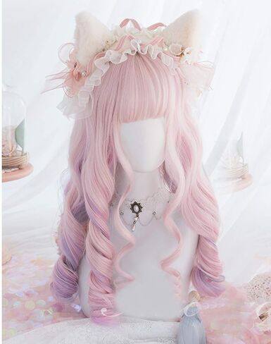 19.7" Long Cosplay Wig with Bangs Wavy Harajuku Cute Daily Halloween Party Women Girls Hair Halloween Birthday Gifts(Mixed pink) in Saudi Arabia