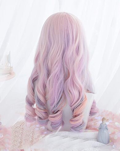 19.7" Long Cosplay Wig with Bangs Wavy Harajuku Cute Daily Halloween Party Women Girls Hair Halloween Birthday Gifts(Mixed pink) in Saudi Arabia
