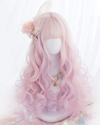 19.7" Long Cosplay Wig with Bangs Wavy Harajuku Cute Daily Halloween Party Women Girls Hair Halloween Birthday Gifts(Mixed pink) in Saudi Arabia