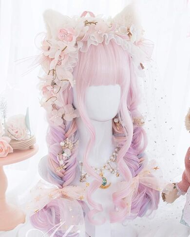19.7" Long Cosplay Wig with Bangs Wavy Harajuku Cute Daily Halloween Party Women Girls Hair Halloween Birthday Gifts(Mixed pink) in Saudi Arabia