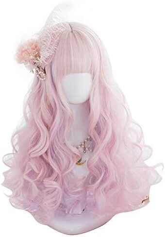 19.7" Long Cosplay Wig with Bangs Wavy Harajuku Cute Daily Halloween Party Women Girls Hair Halloween Birthday Gifts(Mixed pink) in Saudi Arabia