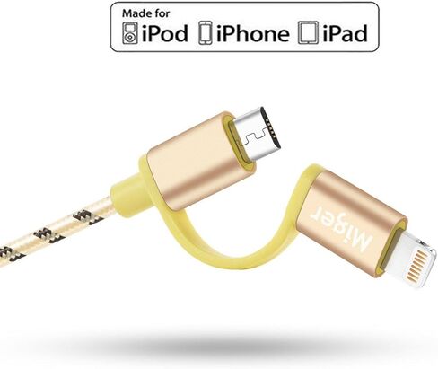 Miger (3 عبوات) كابل شحن iPhone معتمد من MFi بطول 6.5 قدم، ومزامنة مضفرة من النايلون 2 في 1 وسلك شاحن لأجهزة Lightning وMicro USB لأجهزة iPhone وiPad/iPod وSamsung وNexus وNokia وKindle (ذهبي + رمادي + فضي) in Kuwait