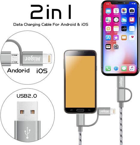 Miger (3 عبوات) كابل شحن iPhone معتمد من MFi بطول 6.5 قدم، ومزامنة مضفرة من النايلون 2 في 1 وسلك شاحن لأجهزة Lightning وMicro USB لأجهزة iPhone وiPad/iPod وSamsung وNexus وNokia وKindle (ذهبي + رمادي + فضي) in Kuwait