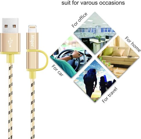 Miger (3 عبوات) كابل شحن iPhone معتمد من MFi بطول 6.5 قدم، ومزامنة مضفرة من النايلون 2 في 1 وسلك شاحن لأجهزة Lightning وMicro USB لأجهزة iPhone وiPad/iPod وSamsung وNexus وNokia وKindle (ذهبي + رمادي + فضي) in Kuwait