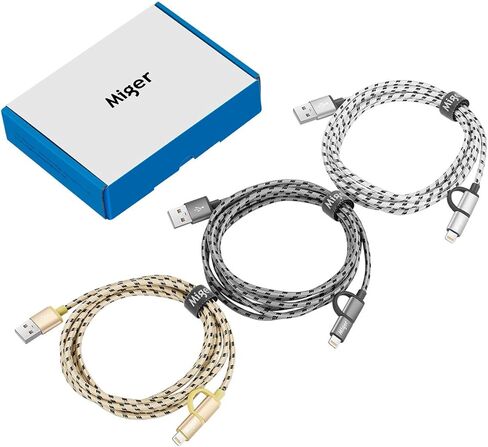 Miger (3 عبوات) كابل شحن iPhone معتمد من MFi بطول 6.5 قدم، ومزامنة مضفرة من النايلون 2 في 1 وسلك شاحن لأجهزة Lightning وMicro USB لأجهزة iPhone وiPad/iPod وSamsung وNexus وNokia وKindle (ذهبي + رمادي + فضي) in Kuwait