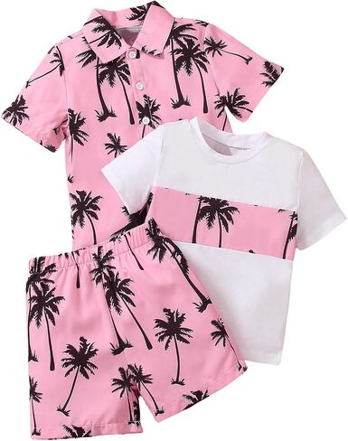 Floerns Boy's 3 Piece Outfit Tropical Print Blouse and Tee Shirts with Shorts Set in Saudi Arabia