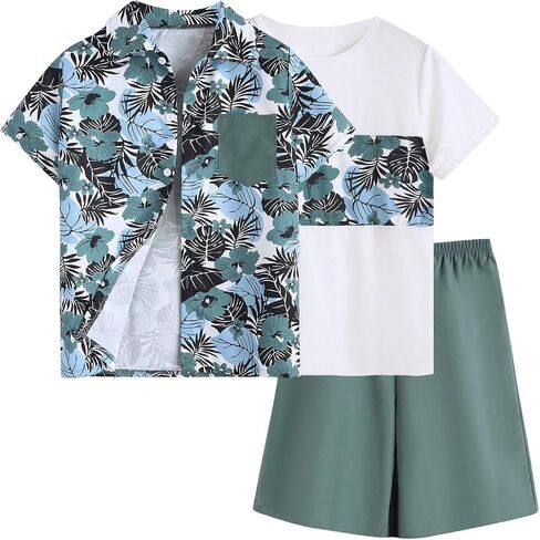 Floerns Boy's 3 Piece Outfit Tropical Print Blouse and Tee Shirts with Shorts Set in Saudi Arabia