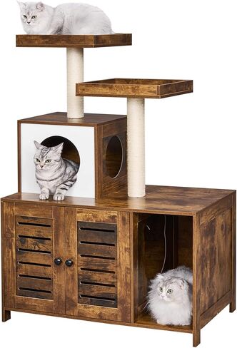 BEWISHOME صندوق فضلات القطط، أثاث صندوق فضلات مخفي مع برج شجرة القطط، أثاث حمام القطط، مع مدخل أمامي، بيت خشبي حديث للقطط للداخلية باللون البني الريفي CMW02F in Kuwait