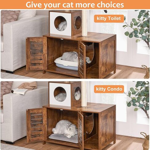 BEWISHOME صندوق فضلات القطط، أثاث صندوق فضلات مخفي مع برج شجرة القطط، أثاث حمام القطط، مع مدخل أمامي، بيت خشبي حديث للقطط للداخلية باللون البني الريفي CMW02F in Kuwait