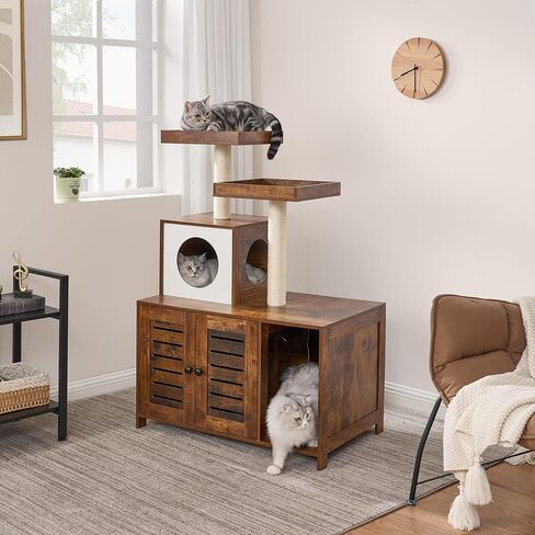 BEWISHOME صندوق فضلات القطط، أثاث صندوق فضلات مخفي مع برج شجرة القطط، أثاث حمام القطط، مع مدخل أمامي، بيت خشبي حديث للقطط للداخلية باللون البني الريفي CMW02F in Kuwait