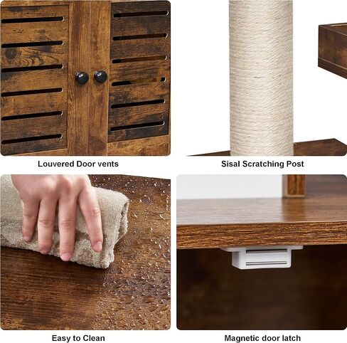 BEWISHOME صندوق فضلات القطط، أثاث صندوق فضلات مخفي مع برج شجرة القطط، أثاث حمام القطط، مع مدخل أمامي، بيت خشبي حديث للقطط للداخلية باللون البني الريفي CMW02F in Kuwait