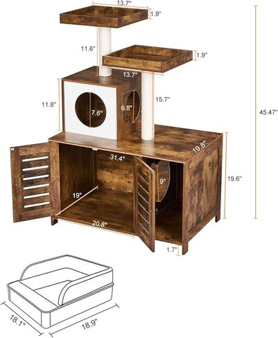 BEWISHOME صندوق فضلات القطط، أثاث صندوق فضلات مخفي مع برج شجرة القطط، أثاث حمام القطط، مع مدخل أمامي، بيت خشبي حديث للقطط للداخلية باللون البني الريفي CMW02F in Kuwait