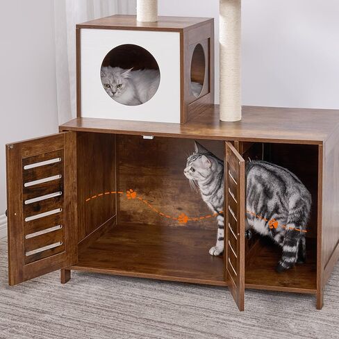 BEWISHOME صندوق فضلات القطط، أثاث صندوق فضلات مخفي مع برج شجرة القطط، أثاث حمام القطط، مع مدخل أمامي، بيت خشبي حديث للقطط للداخلية باللون البني الريفي CMW02F in Kuwait