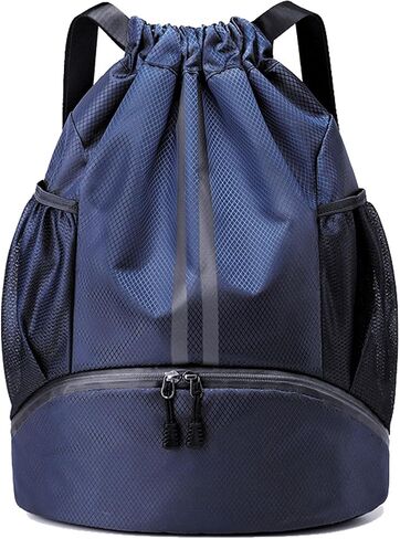 Drawstring Backpack Large String Gym Basketball Bag Workout Track Bag with Dry Wet Separation Pocket and Shoes Compartment(Navy Blue) in Saudi Arabia