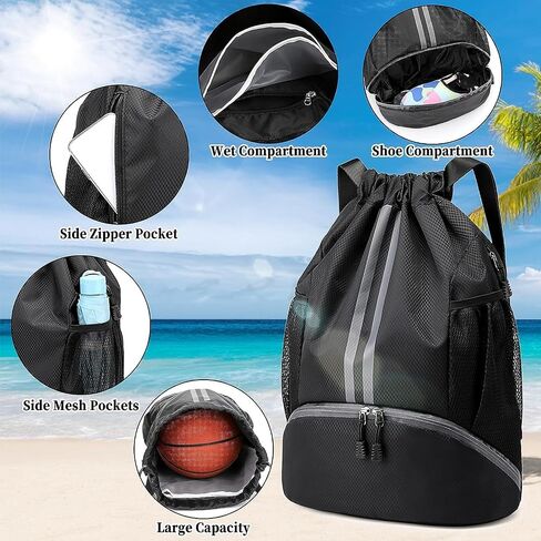 Drawstring Backpack Large String Gym Basketball Bag Workout Track Bag with Dry Wet Separation Pocket and Shoes Compartment(Navy Blue) in Saudi Arabia