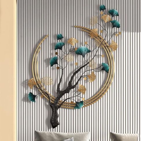 ديكور حائط معدني ثلاثي الأبعاد لغرفة المعيشة، مجموعة من قطعتين من منحوتات الحائط الفنية المعدنية من أوراق الجنكة الذهبية، ديكور معلق على الحائط مقاس 48 × 28 بوصة لغرفة نوم المكتب والمنزل in Kuwait