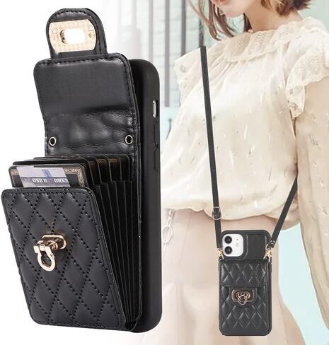 Kudex Crossbody Wallet Case for iPhone 12/12 Pro, Slim Fit Card Slot Holder Case with Lanyard Strap Leather Kickstand Protective Purse Phone Case Cover for iPhone 12/iPhone 12 Pro 6.1 Inch(Black) in Saudi Arabia