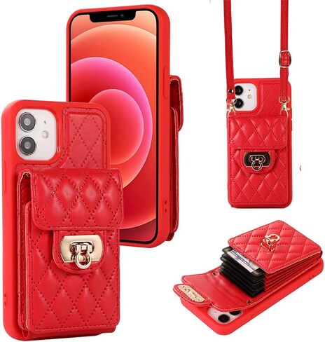 حافظة محفظة Kudex Crossbody لهاتف iPhone 12/12 Pro، حافظة نحيفة مزودة بفتحة للبطاقات مع حزام حبل قصير ومسند جلدي وغطاء حماية للهاتف iPhone 12/iPhone 12 Pro 6.1 بوصة (أسود) in Saudi Arabia