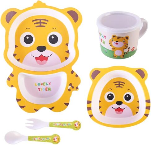 Kids Dinnerware Set Bamboo 5 Pcs with Plate Bowl Cup Fork Spoon (Cow) in Saudi Arabia