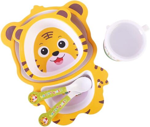 Kids Dinnerware Set Bamboo 5 Pcs with Plate Bowl Cup Fork Spoon (Cow) in Saudi Arabia