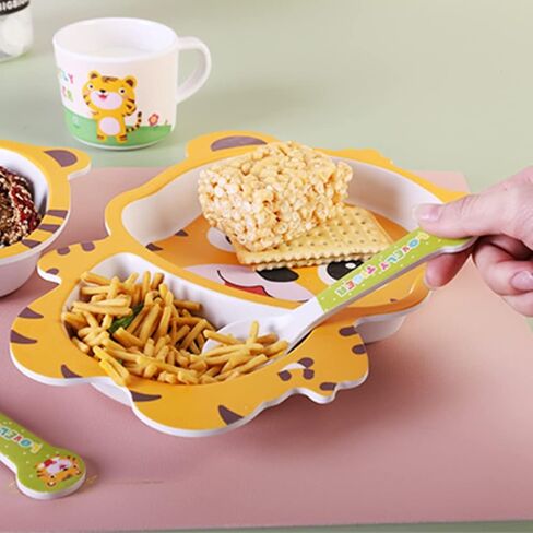 Kids Dinnerware Set Bamboo 5 Pcs with Plate Bowl Cup Fork Spoon (Cow) in Saudi Arabia