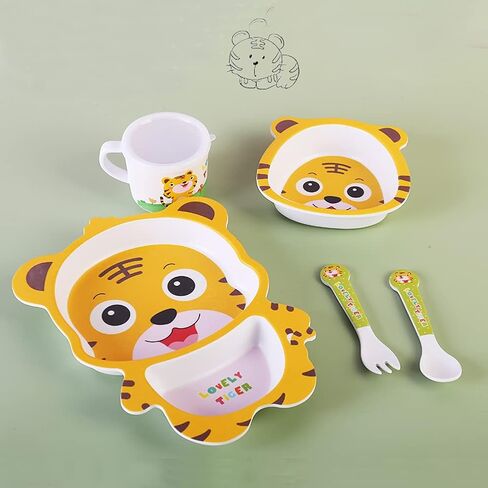 Kids Dinnerware Set Bamboo 5 Pcs with Plate Bowl Cup Fork Spoon (Cow) in Saudi Arabia