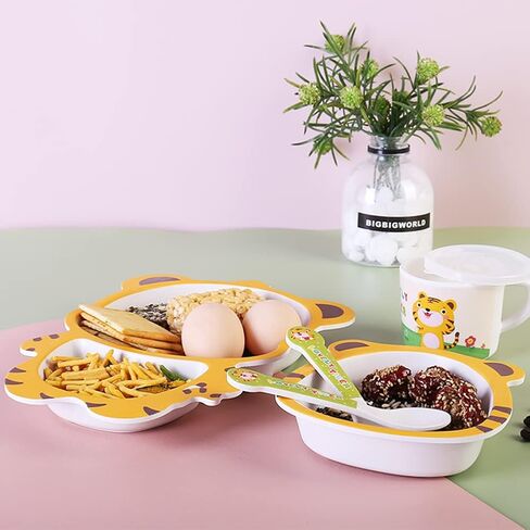 Kids Dinnerware Set Bamboo 5 Pcs with Plate Bowl Cup Fork Spoon (Cow) in Saudi Arabia