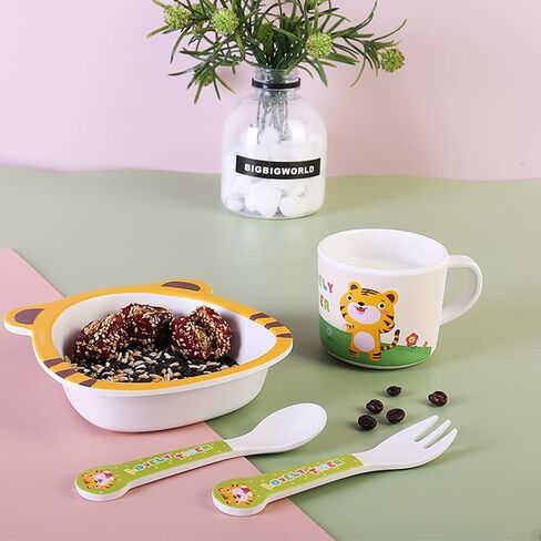 Kids Dinnerware Set Bamboo 5 Pcs with Plate Bowl Cup Fork Spoon (Cow) in Saudi Arabia