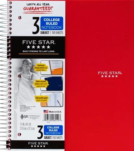دفتر ملاحظات Five Star 06210 Wirebound 3-Subject، قواعد الكلية، 11 × 8 1/2، 150 ورقة، متنوعة in Saudi Arabia