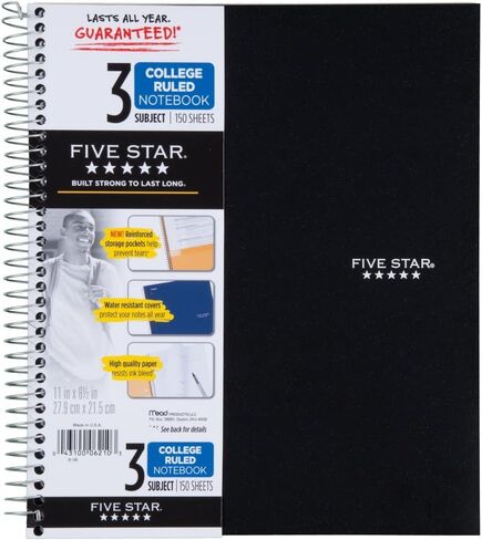 دفتر ملاحظات Five Star 06210 Wirebound 3-Subject، قواعد الكلية، 11 × 8 1/2، 150 ورقة، متنوعة in Saudi Arabia