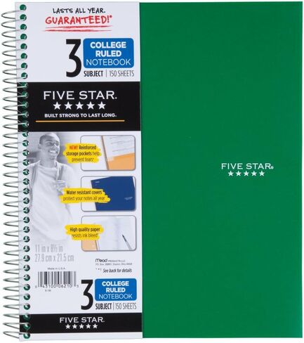 دفتر ملاحظات Five Star 06210 Wirebound 3-Subject، قواعد الكلية، 11 × 8 1/2، 150 ورقة، متنوعة in Saudi Arabia