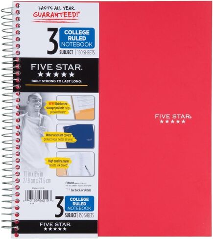 دفتر ملاحظات Five Star 06210 Wirebound 3-Subject، قواعد الكلية، 11 × 8 1/2، 150 ورقة، متنوعة in Saudi Arabia