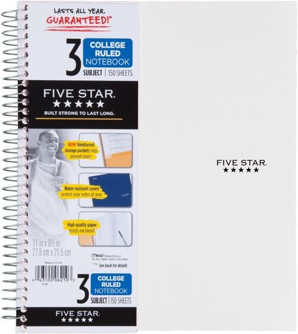 دفتر ملاحظات Five Star 06210 Wirebound 3-Subject، قواعد الكلية، 11 × 8 1/2، 150 ورقة، متنوعة in Saudi Arabia