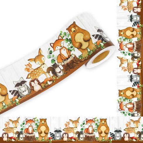 Whaline 32.8ft Woodland Creatures Bulletin Board Borders Woodland Animals Die-Cut Bulletin Board Stripes Cute Jungle Theme Rolled Bulletin Board Trim for School Classroom Office Chalkboard Decor in Kuwait