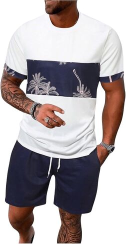 GORGLITTER Men's Two Piece Tracksuits Tropical Print Tee Shirt and Shorts Set in Saudi Arabia