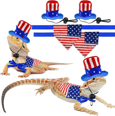 Vehomy 4Pcs Independence Day Bearded Dragon Costume 4th of July Bearded Dragon Hats Lizard Bandanas Lizard Uncle Sam Hat American Flag Hat Lizard Flag Bandana Scarf for Hamster Leopard Gecko in Saudi Arabia