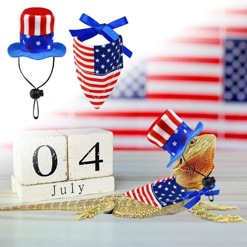 Vehomy 4Pcs Independence Day Bearded Dragon Costume 4th of July Bearded Dragon Hats Lizard Bandanas Lizard Uncle Sam Hat American Flag Hat Lizard Flag Bandana Scarf for Hamster Leopard Gecko in Saudi Arabia