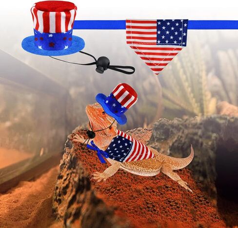 Vehomy 4Pcs Independence Day Bearded Dragon Costume 4th of July Bearded Dragon Hats Lizard Bandanas Lizard Uncle Sam Hat American Flag Hat Lizard Flag Bandana Scarf for Hamster Leopard Gecko in Saudi Arabia