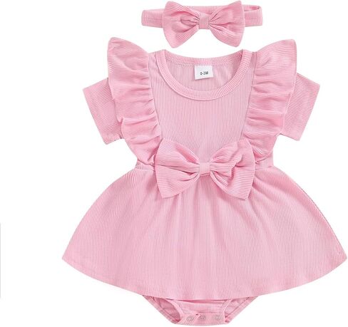 Newborn Baby Girl Summer Outfit Ribbed Knit Short Sleeve Romper Dress Solid Ruffle Romper Skirt Bodysuit Clothes in Saudi Arabia