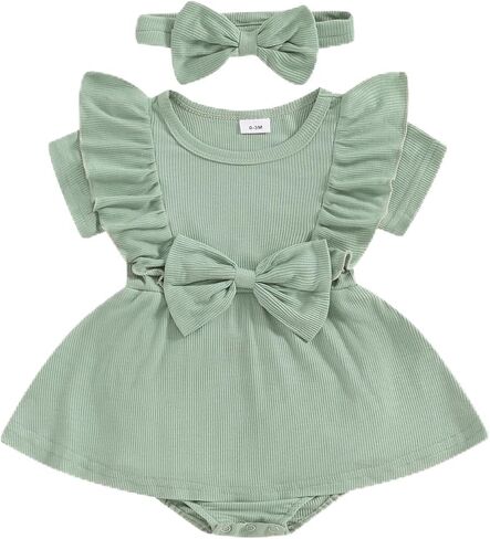 Newborn Baby Girl Summer Outfit Ribbed Knit Short Sleeve Romper Dress Solid Ruffle Romper Skirt Bodysuit Clothes in Saudi Arabia