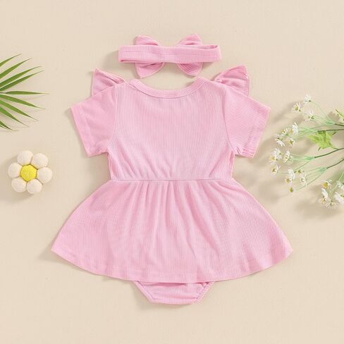 Newborn Baby Girl Summer Outfit Ribbed Knit Short Sleeve Romper Dress Solid Ruffle Romper Skirt Bodysuit Clothes in Saudi Arabia