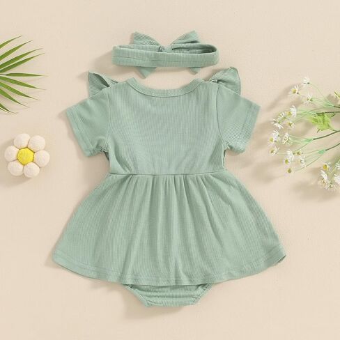 Newborn Baby Girl Summer Outfit Ribbed Knit Short Sleeve Romper Dress Solid Ruffle Romper Skirt Bodysuit Clothes in Saudi Arabia