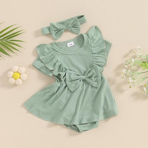 Newborn Baby Girl Summer Outfit Ribbed Knit Short Sleeve Romper Dress Solid Ruffle Romper Skirt Bodysuit Clothes in Saudi Arabia